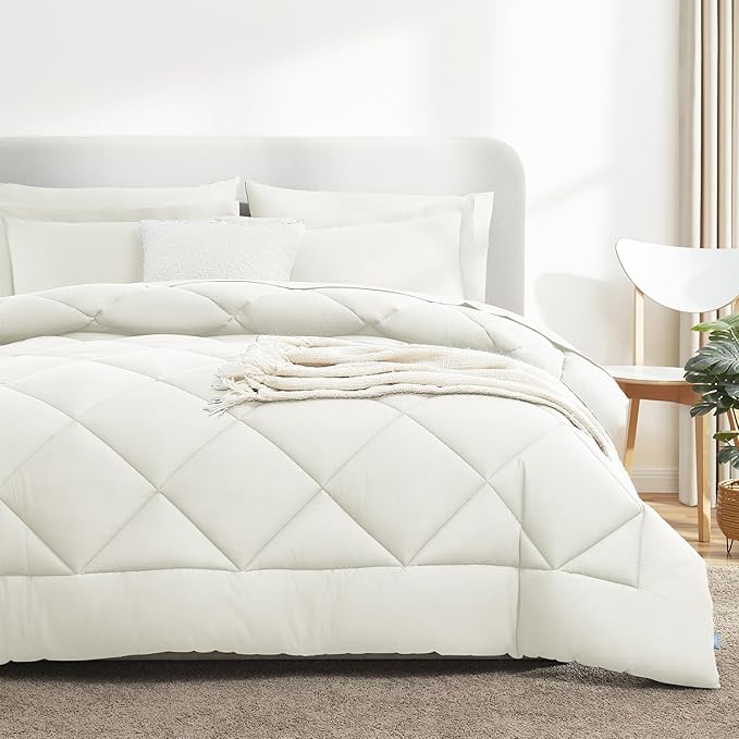 CozyLux Full Size Comforter Sets Ivory - 7 Pieces Bed in a Bag Full, Luxury Soft Bed Set for All Seasons, Bedding Set with Down Alternative Comforter, Sheets, Pillowcases & Shams