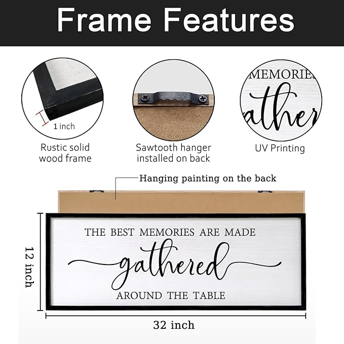 The Best Memories are Made Gathered Around The Table Sign Framed Wall Art, 32''×12'' Rustic Horizontal Plaque with Black Frame for Dinning Living Room, Farmhouse Long Home Family Wood Sign Wall Decor