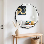 Fabuady Black Round Wavy Edge Mirror - 30'' Circle Wall Mirror with Metal Frame, Decorative Hanging/Leaning Mirror for Bathroom, Bedroom, Living Room, Hallway, Entryway, Office, Home Decor