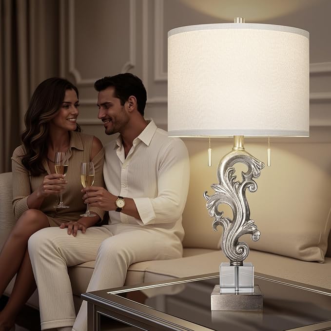 Scenekoy Table Lamp Set of 2 with USB Ports, Pull Chains Switch, 27” Silver Leaf Sculptural Bedside Lamps with Linen Shade for Living Room Bedroom, Nightstand Lamps for Home Room Decor