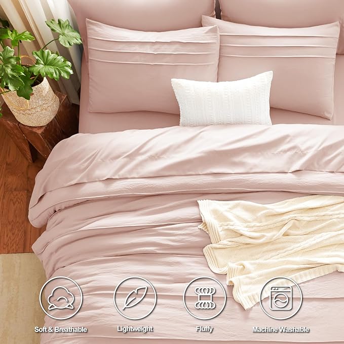 CozyLux King Size Comforter Set Blush Pink, 7 Pieces Soft Pinch Pleat Bed in a Bag King Comforter Set with Sheets, Boho Bed Set with Down Alternative Comforter, Sheets, Pillowcases & Shams