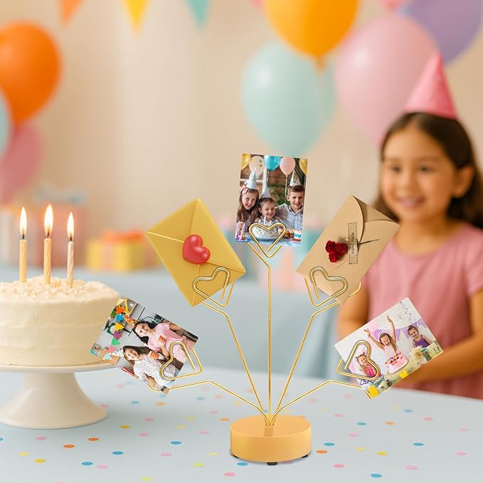 Desktop Heart-Shaped Photo Tree Style Holders Round Base,5-Branch Family Picture Frame Clips Holder Desk Card Display Stand for Christmas,Wedding, Birthday Party,Gift (Golden)