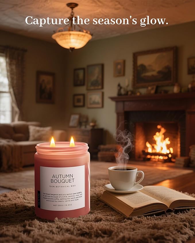 M&SENSE Fall Candle Autumn Flower Scented, Large 19.4oz Natural Soy Wax 110 Hours Burn Time Clean Non Toxic Candle Classic 2 Wicks Gifts