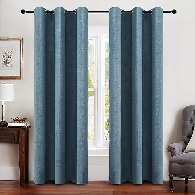 MIULEE Linen Blackout Curtains and Drapes 100% Room Darken Thermal Insulated Grommet Window Panels with Coating 2 PCs W 42 x L 84 inches Dusty Blue
