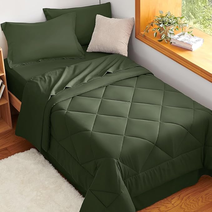 CozyLux Twin XL Comforter Set Olive Green - 5 Pieces Twin Extra Long Bed in a Bag for College Dorm, All Season Bedding Set for Girls and Boys, Soft Bed Set with Comforter, Sheets, Pillowcase & Sham