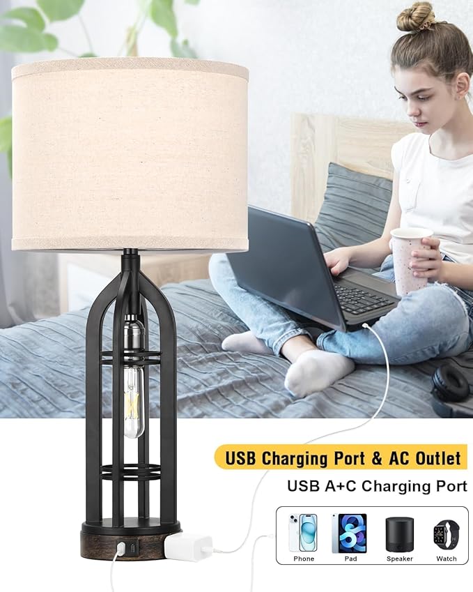 Seealle Table Lamps for Living Room - Black Bedside Lamp for Bedroom with USB C+A & Outlet, Farmhouse Lamps for Night Stands, 3-Way Dimmable Touch Lamps for Living Room with Oat Shade(Single)