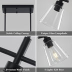 Black Kitchen Island Lighting Linear Chandeliers with Glass Shades Hanging Farmhouse Pendant Light Fixtures for Dining Room, 4 Lights