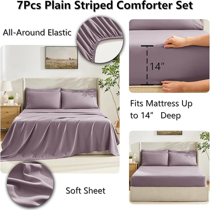 CozyLux Queen Size Comforter Set Dusty Purple - 7 Pieces Bed in a Bag Dusty PurpleComforter Queen Size, Bedding Set with All Season Quilted Comforter, Flat Sheet, Fitted Sheet, Pillowcases