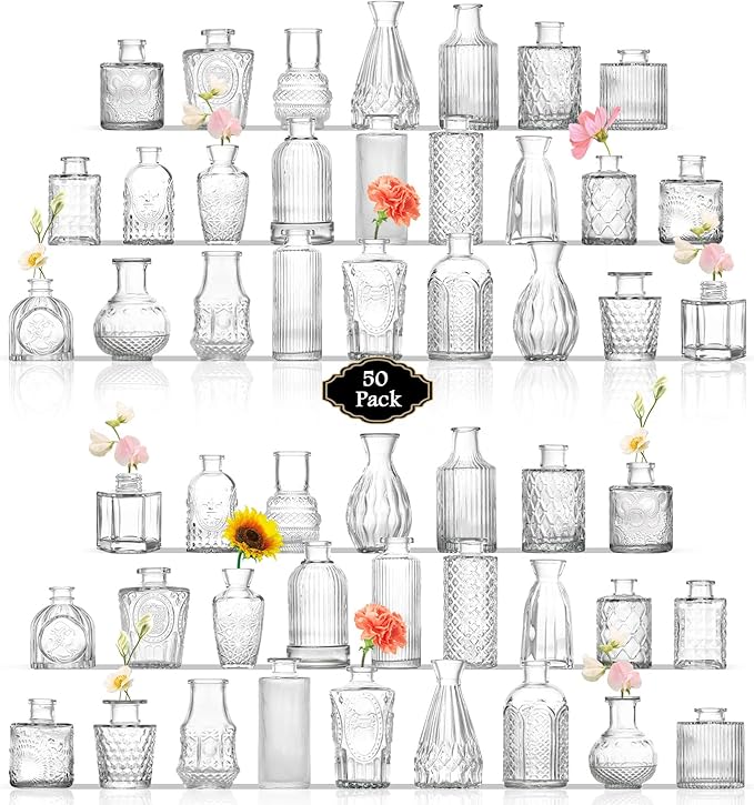 Bud Vases in Bulk 50, Glass Vases for Centerpieces, Small Vases for Flowers, Small Flower Vase for Centerpieces, Mini Vintage Vase, Clear Bud Vases for Wedding Table Decor