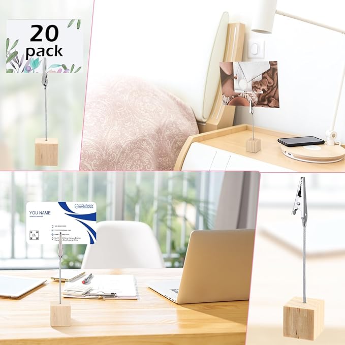20 Pcs Cube Base Memo Clip Holder with Alligator Clip Wood Table Number Holder Cube Base Place Card Stand Mini Photo Menu Stand for Displaying Number Card (Light Wood Color)