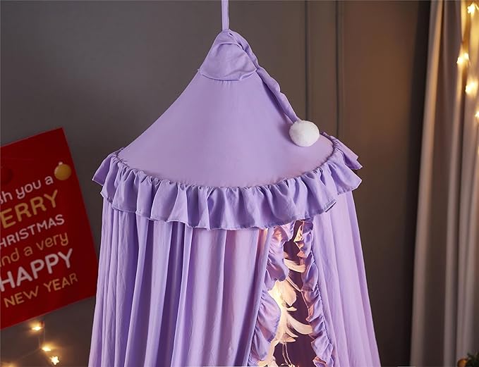 VETHIN Bed Canopy for Girls,Princess Round Dome Dreamy Mosquito Net Bedding Girls Room Castle Play Tent Hanging House Decor Reading Nook Canopies (Purple)