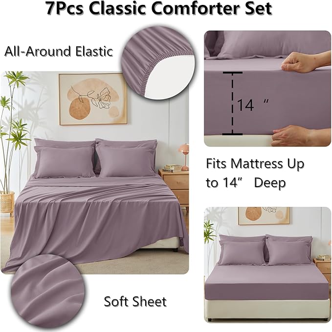 CozyLux King Size Comforter Set Dusty Purple - 7 Pieces Bed in a Bag King, Soft Bed Set for All Seasons, Bedding Set with Down Alternative Comforter, Sheets, Pillowcases & Shams, Grayish Purple