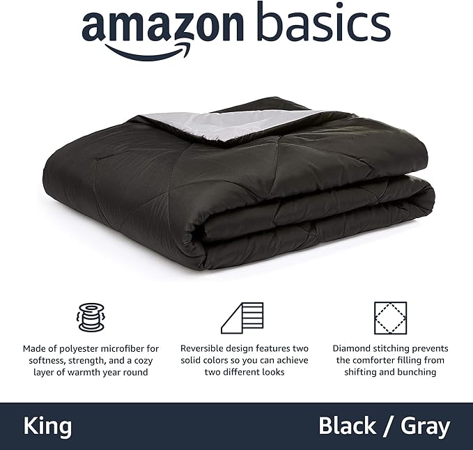 Amazon Basics Comforter Blanket King, Reversible Lightweight Microfiber All Season Blanket, Black/Grey