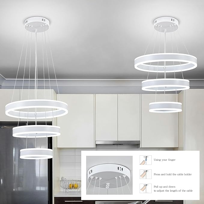 O'NEELDY Modern LED Chandeliers Adjustable Hanging White Pendant Light Fixture 3 Ring Flush Mount Chandeliers for Bedroom,Kitchen,Island Cafe