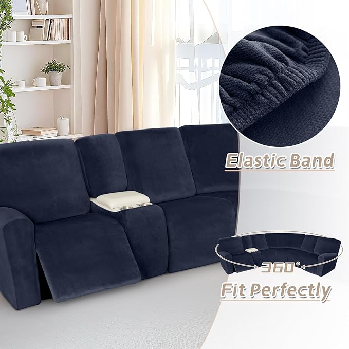 Arfntevss Sectional Recliner Couch Covers Velvet Washable Corner Sectional Sofa Cover for Reclining Stretch Soft Thick L Shape Recliner Slipcover Set (5 Seat with 1 Console Cover, Dark Blue)