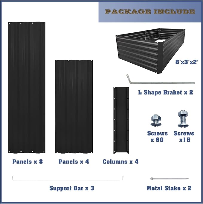 8x3x2FT Metal Raised Garden Bed Kit, Galvanized Outdoor Garden Bed Planter Box for Vegetables, Flowers, Herbs, Succulents and More, Black