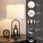 Farmhouse Lantern Table Lamps for Living Room Set of 2, Rustic Vintage Bedroom Nightstand Beside Desk Lamp with 2 USB Charging Ports,Dimmable Touch Night Light,4 Bulbs Included (Black)