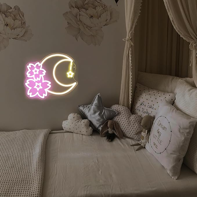 Sakura Moon Star Neon Signs for Wall Decor Cherry Blossom Neon Light Dimmable Flower Aesthetic Wall Art LED Sign for Bedroom Living Room Dorm Decoration Girls Gifts