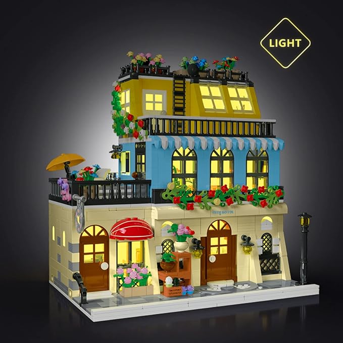City Hotel Architecture Building Kit with Lights,3 Levels Garden Hotel Model Building Blocks Toy,for 12+Age Teen,Adult（1464 Pieces）