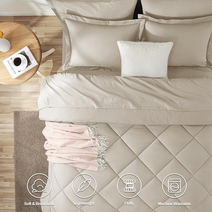 CozyLux California King Comforter Set Oatmeal - Cal King Bed in a Bag 7 Pieces, Luxury Soft Bed Set for All Seasons, Bedding Set with Down Alternative Comforter, Sheets, Pillowcases & Shams