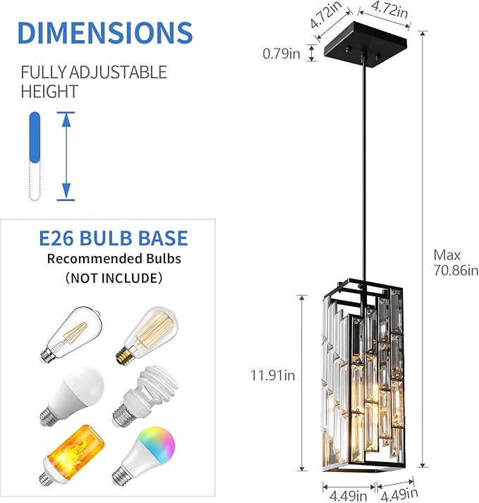 Black Pendant Lighting Modern Pendant Light, Mini Crystal Chandeliers,Adjustable Pendant Light Fixture for Kitchen Island Dinning Room Bedroom (1 Pack)
