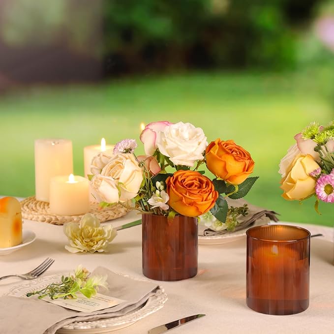 Amber Glass Cylinder Vases for Centerpieces, Set of 6 Small Vases for Flowers, Ribbed Flower Vases Fall Wedding Table Decor for Hurricane Floating Candle Holder, Bud Vases for Home Party Decor, 4"