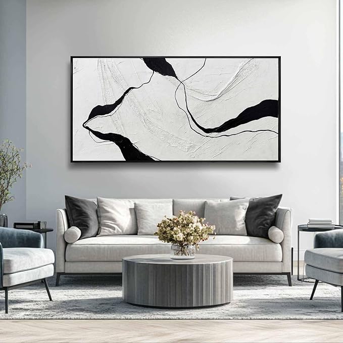 Framed Minimalist Wall Art 24"x48" Black and White Abstract Print Poster Line Canvas Modern Artwork for Living Room Bedroom Office Decor