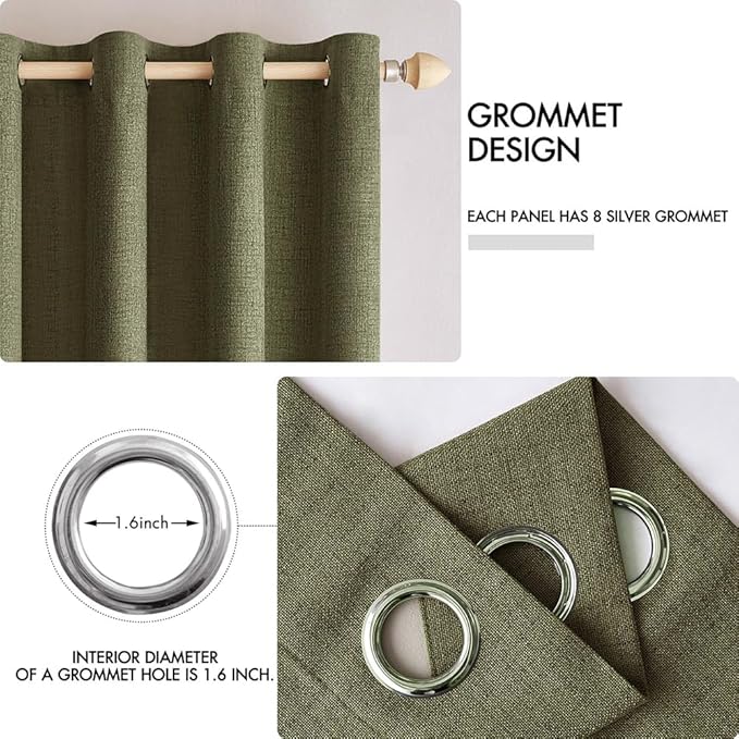 MIULEE Linen Texture Curtains for Bedroom Solid 100% Blackout Thermal Insulated Light Olive Green Curtains Grommet Room Darkening Drapes for Living Room Nursery 52x63 Inch (2 Panels)