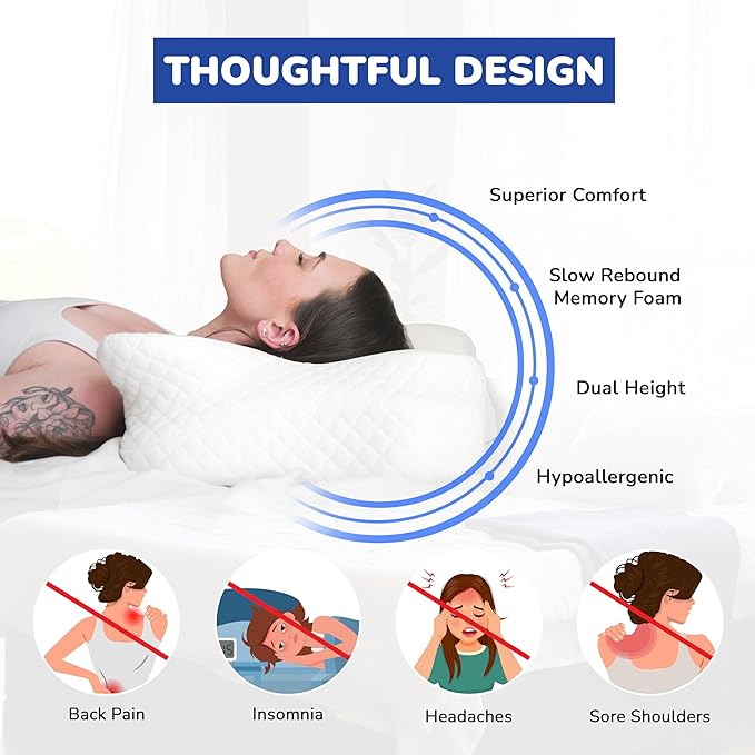 Cervical Memory Foam Pillow for Neck Support, Slow Rebound for Cozy Sleeping, Dual Height Orthopedic Bed Pillows for Pain Relief, Ergonomic Contour Pillow for Side Back & Stomach Sleepers