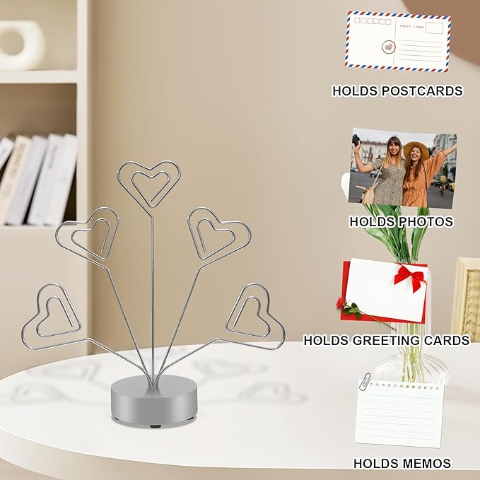 Desktop Heart-Shaped Photo Tree Style Holders Round Base,5-Branch Family Picture Frame Clips Holder Desk Card Display Stand for Christmas,Wedding, Birthday Party,Gift Silver