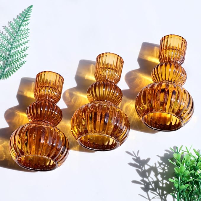 Woho Amber Candlestick Holders Set of 6 4.3" H for Thanksgiving/Fall Decorations, Ribbed Glass Taper Candle Holders Halloween Table Centerpiece, Vintage Candle Sticks Holder Decor for Boho Home Decor