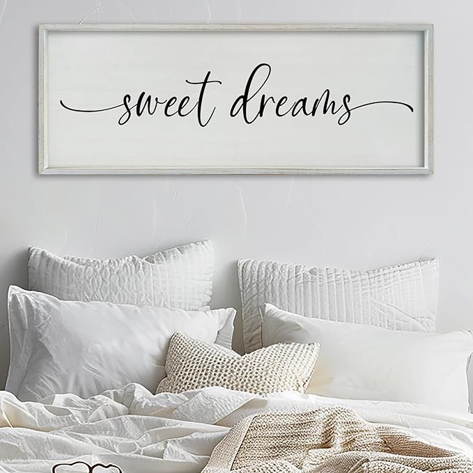 SRSZHIYUE Sweet Dreams Above Bed Wall Decor, 40"x15" Large Rustic Master Bedroom Over Bed Sign Guest Room Couples Wood Framed Farmhouse Horizontal Hanging Decoration (White)