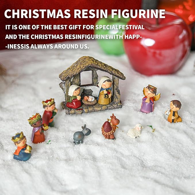 Nativity Christmas Village 3.5 Inch 12 PCS Nativity Scene Collectible Bulidings Christmas Village Scene Vintage Xmas Holiday Decorations Displays for Indoor Room Desktop Decor