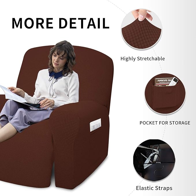 Easy-Going 4 Pieces Oversized Recliner Stretch Sofa Slipcover Sofa Cover Furniture Protector Couch Soft with Elastic Bottom Polyester Spandex Jacquard Fabric Small Checks Coffee, X-Large