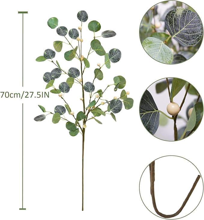 6 PCS 27.5" Artificial Eucalyptus Stems with Berries, Faux Eucalyptus Branches Fake Greenery Plants Stems for Vase Home Party Wedding Spring Decorations