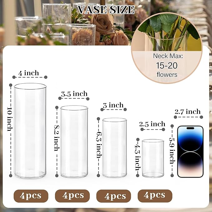 16 PCS Clear Cylinder Vases for Centerpieces | 4, 6, 8,10 Inch Tall Flower Vase for Wedding Decorations, Clear Floating Candle Vases in Bulk, Hurricane Candle Holdersfor Table, Home Décor