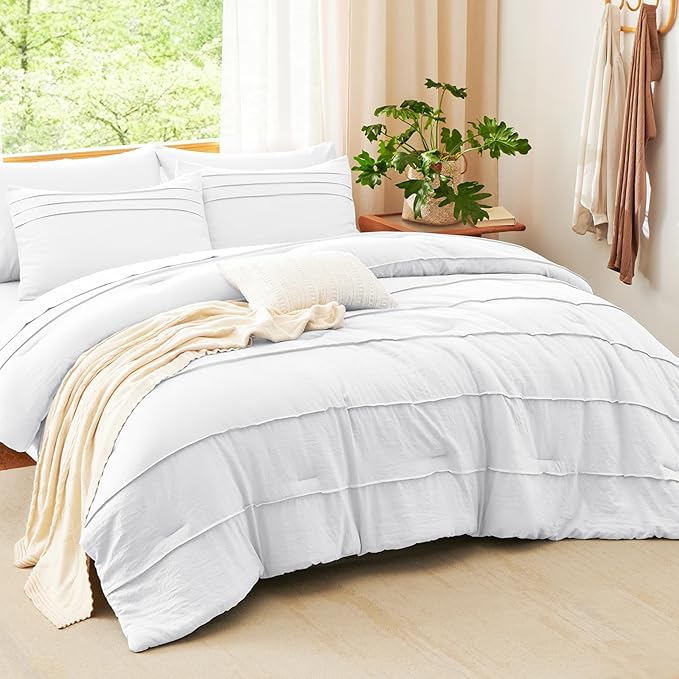 CozyLux King Size Comforter Set White, 7 Pieces Soft Pinch Pleat Bed in a Bag King Comforter Set with Sheets, Boho Bed Set with Down Alternative Comforter, Sheets, Pillowcases & Shams