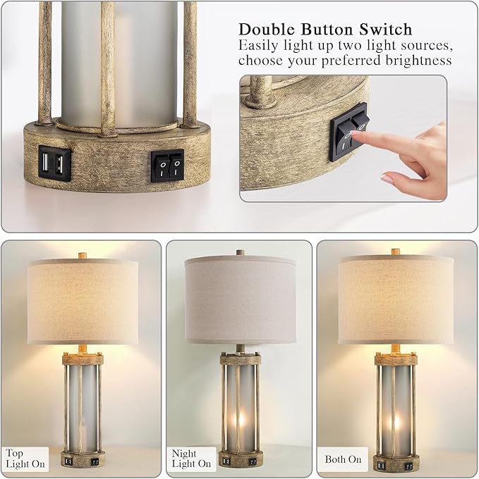 Farmhouse Table Lamps Set of 2 for Living Room, Vintage Bedroom Nightstand Lamp with Dual USB Ports, Bedside Lamp with Frosted Glass Nightlight for End Table Entryway, 4 Bulbs Included (Earthy Gray)