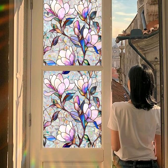 Stained Window Film Decorative Purple Magnolia Flower Static Glass Clings Stickers for Home Office Living Room Bedroom Glass Windows Door Decor 16.93 x 39.37 Inches