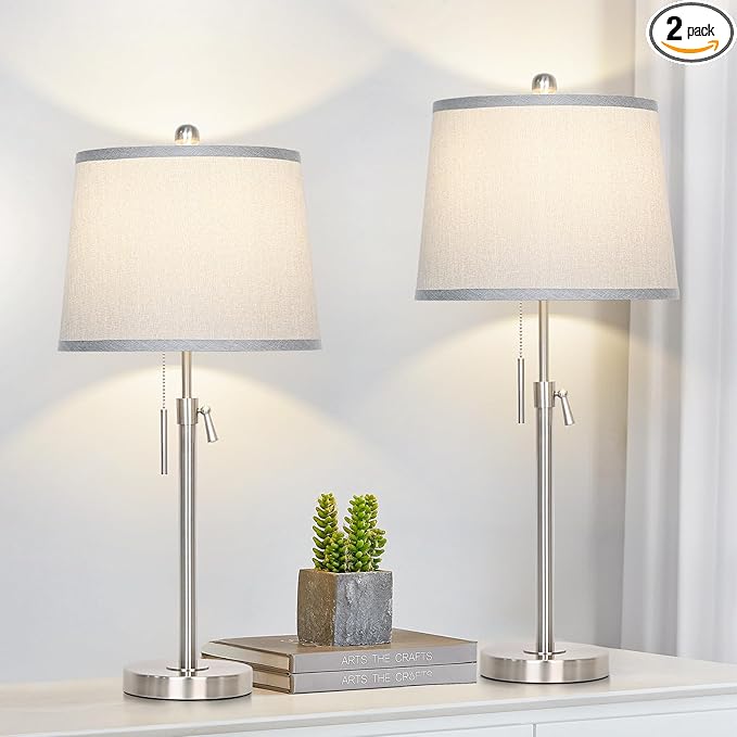 Table Lamps Set of 2, Bedside Lamp Silver Tall Table Lamps for Living Room End Tables, 22" to 30" Adjustable Height Lamp for Bedroom Nightstand Farmhouse with Pull Chain(Bulbs Included)