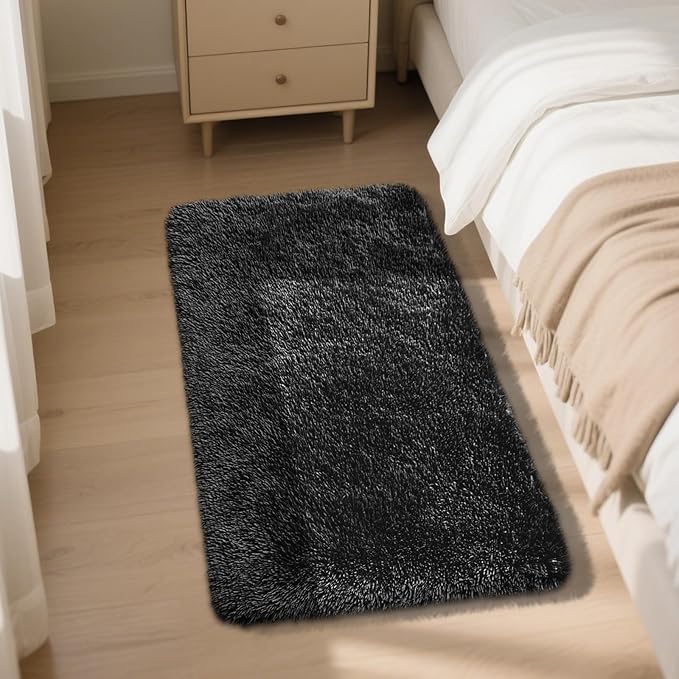 Fluffy Rug Shaggy Area Rug, Black 2x4 Area Rugs for Bedroom, Small Bedside Rug, Soft Fluffy Shaggy Entryway Throw Rugs for Living Room Bedroom Kids Room Home Decor