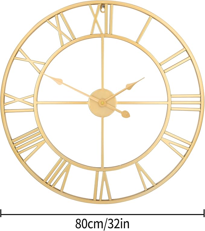 1st owned Large Wall Clock Metal Retro Roman Numeral Clock, Modern Round Wall Clocks Almost Silent, Easy to Read for Living Room/Home/Kitchen/Bedroom/Office/School Decor (Gold, 32 Inch)