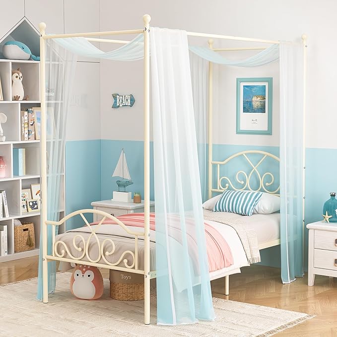Weehom Princess Canopy Bed Frame with 4 Posters, Sturdy Metal Platform with Headboard&Footboard No Box Spring Needed Twin Size Bed for Kids Girls Adults,Beige White