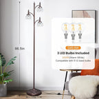 Brown Tree Floor Lamps for Living Room 66.5'' Standing Lamp with 3 Rotatable Lights Glass Shade Modern Lamp for Living Room Bedroom Office(3LED Bulbs Included)
