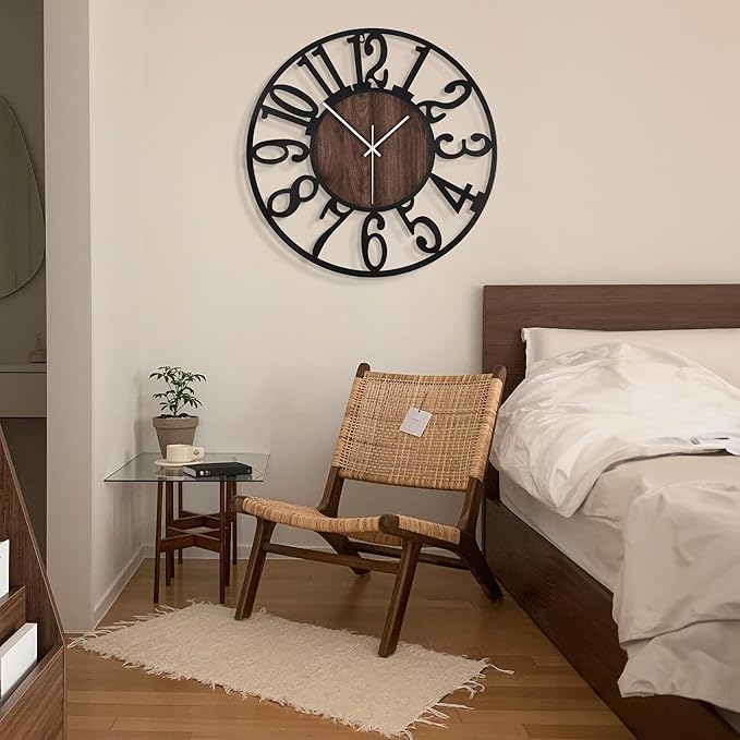 LEIKE Extra Large Wall Clocks,Silent Little Ticking,Battery Operated Vintage Round Modern Wood Wall Clock for Living Room, Bedroom,Farmhouse,Office Home Decor-32 Inch(Black-Arabic Number)