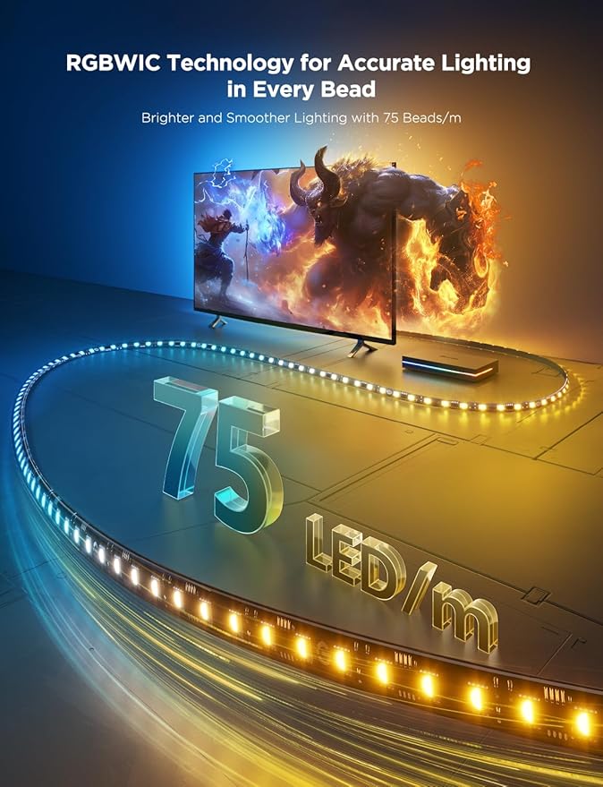 Govee HDMI 2.1 Sync Box 2, AI Sync Box with TV Backlight, Supports 8K@60Hz, 4K@144Hz, VRR and ALLM, Works with Matter and Alexa, RGBIC LED Light Strip for 55-65 inch TVs, 75 LEDs/m