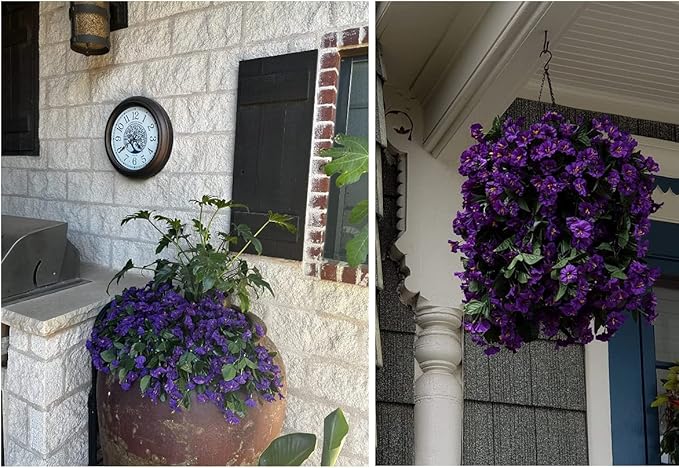 Artificial Fake Hanging Flowers Plants for Outdoor Outside Summer Decoration, 2PCS Faux Silk Morning Glory Purple UV Resistant Look Real Trailing Vines for Home Planter Porch Patio