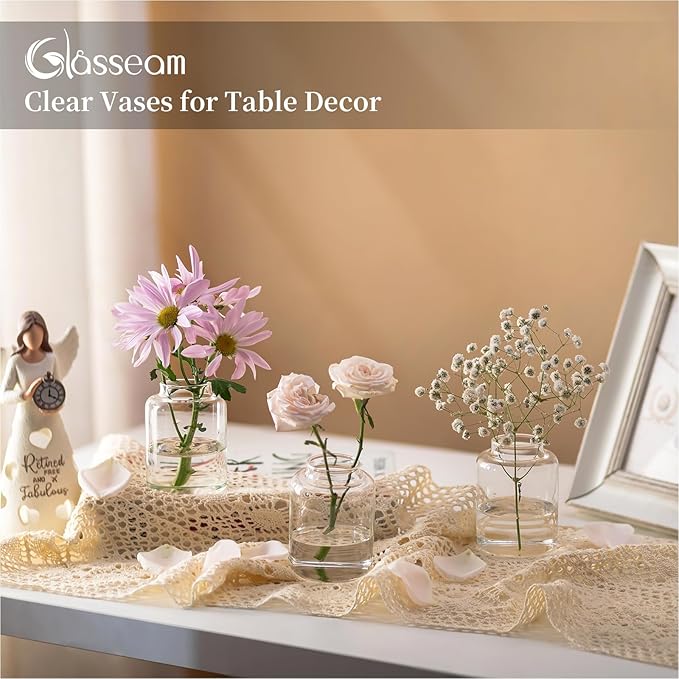 Glasseam Bud vases Set of 6: Glass Vases for Centerpieces Modern Small Vases for Home Table Shelf Wedding Party Decoration - Clear Vase for Flowers Stem Roses Tuilps Cuttings