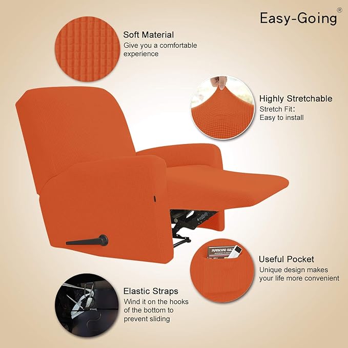 Easy-Going Recliner Stretch Sofa Slipcover Sofa Cover 4-Pieces Furniture Protector Couch Soft with Elastic Bottom Polyester Spandex Jacquard Fabric Small Checks(Recliner,Orange,Large)