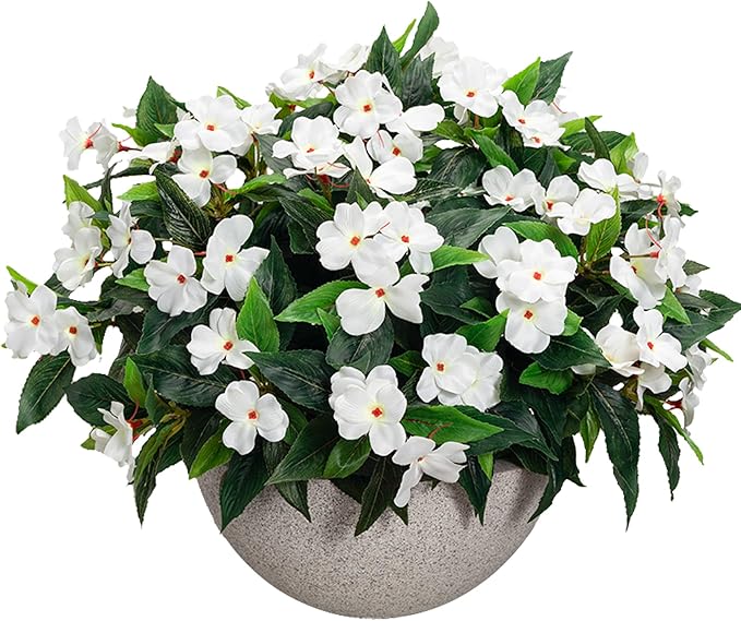 Uqueeten15.7” Fall Decorations for Home Fake Fall Flowers Fake Plants Artificial Impatiens Bouquet Flowers for Outdoors Silk Faux Flowers Impatiens Plants Decor Indoor Planters 8PCS (White) 8pcs